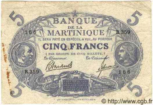 5 Francs Cabasson bleu MARTINIQUE  1945 P.(06B) MB