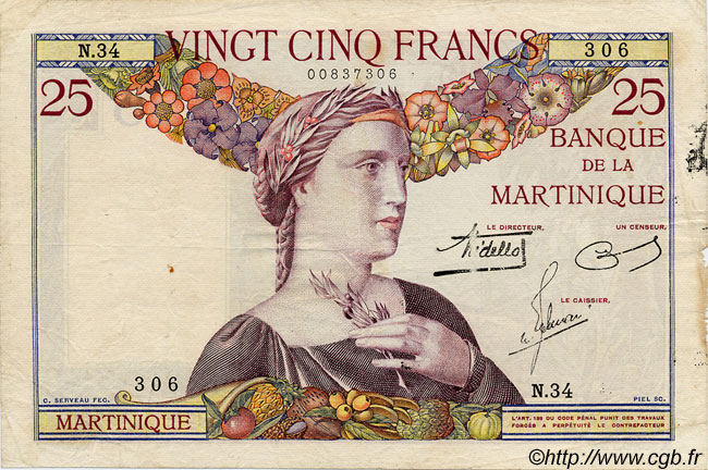 25 Francs MARTINIQUE  1938 P.12 MB