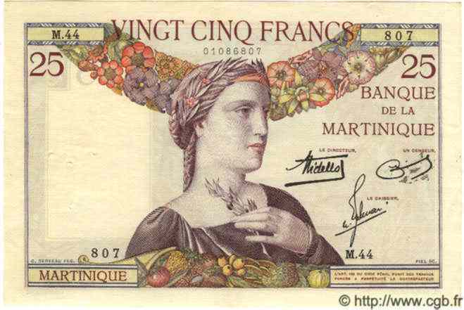 25 Francs MARTINIQUE  1938 P.12 VZ+ to fST
