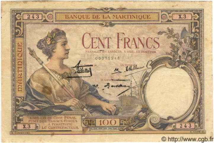 100 Francs MARTINIQUE  1933 P.13 MBC