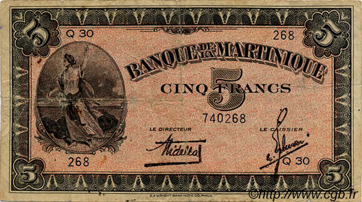 5 Francs MARTINIQUE  1942 P.16b MB