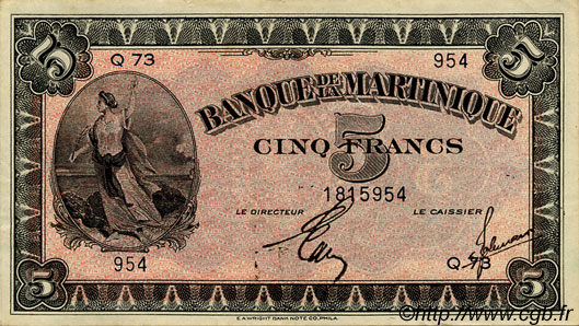 5 Francs MARTINIQUE  1942 P.16b fVZ to VZ
