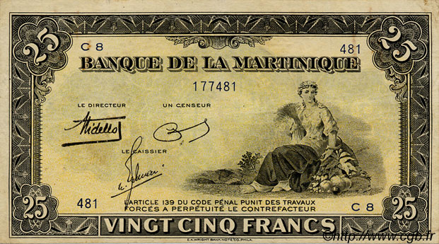 25 Francs MARTINIQUE  1943 P.17 MBC