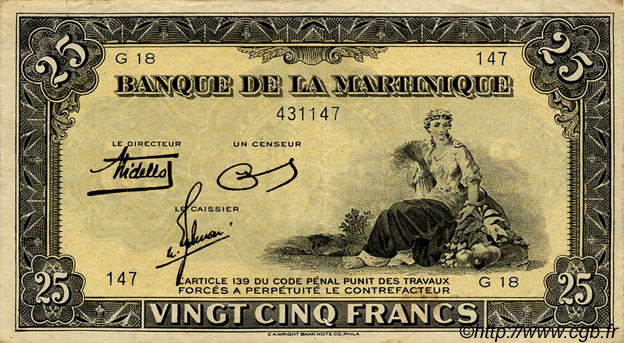 25 Francs MARTINIQUE  1943 P.17 XF-