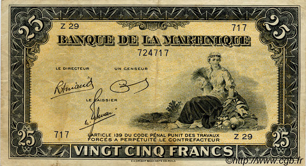 25 Francs MARTINIQUE  1943 P.17 VF