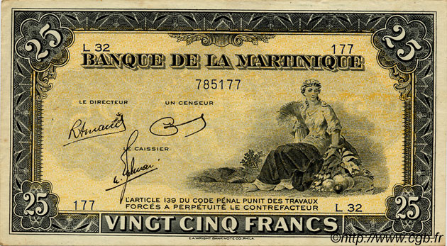 25 Francs MARTINIQUE  1943 P.17 q.SPL