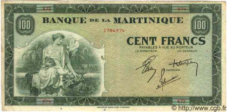 100 Francs MARTINIQUE  1944 P.19 MBC+