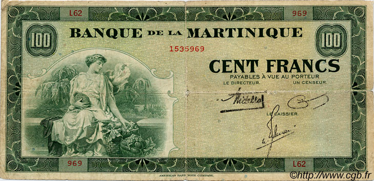 100 Francs MARTINIQUE  1942 P.19 F
