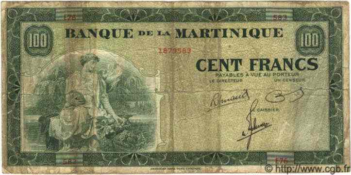 100 Francs MARTINIQUE  1945 P.19 RC a BC