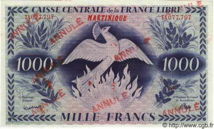 1000 Francs Phénix Annulé MARTINIQUE  1944 P.22b SC+