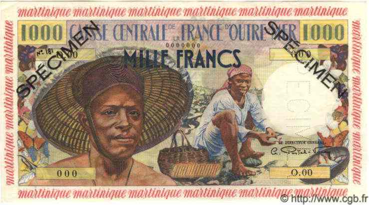 1000 Francs pêcheur Spécimen MARTINIQUE  1955 P.35s FDC