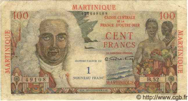 1 NF sur 100 Francs La Bourdonnais MARTINIQUE  1960 P.37 F - VF