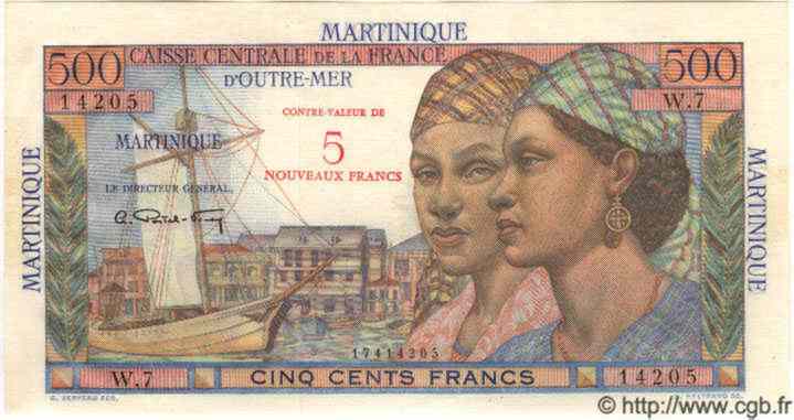 5 NF sur 500 Francs Pointe à pitre MARTINIQUE  1960 P.38 UNC-