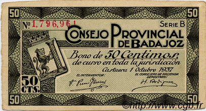 50 Centimos SPAIN Badajoz 1937 E.118 VF+