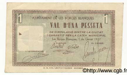 1 Pesseta SPAIN Borges Blanques 1937 C.118 VF