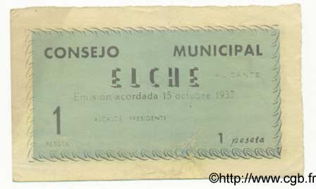 1 Peseta SPAIN Elche 1937 E.-- VF