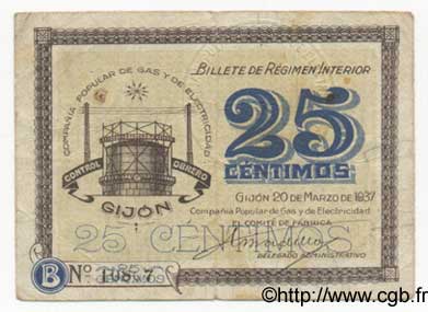 25 Centimos SPAIN Gijon 1937 E.--(cf.387) F - VF