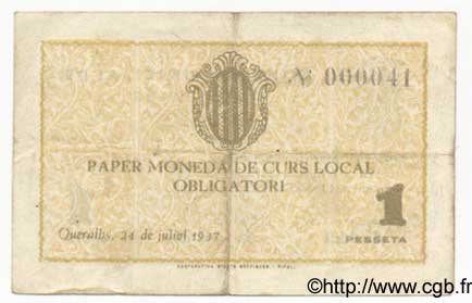 1 Pesseta SPAIN Queralbs 1937 C.492 F+