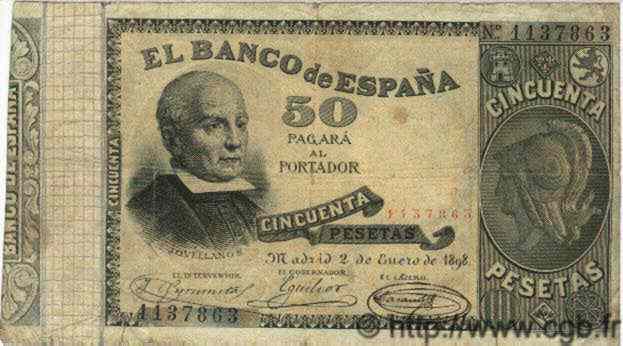 50 Pesetas SPAIN  1898 P.047 F-