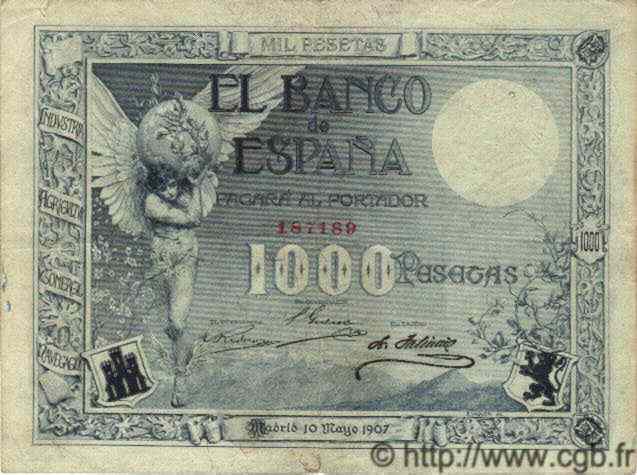 1000 Pesetas SPAIN  1907 P.061b F+