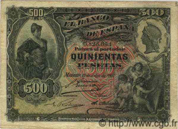 500 Pesetas SPAIN  1907 P.065 VF-