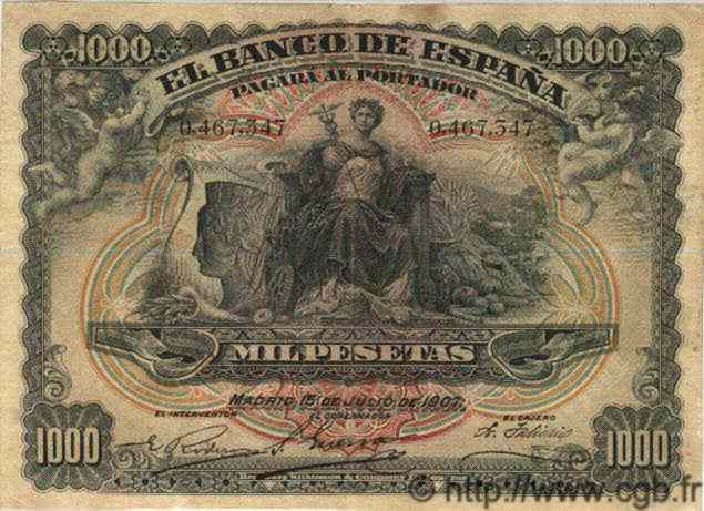 1000 Pesetas ESPAÑA  1907 P.066 BC+