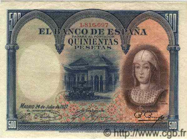 500 Pesetas SPAIN  1927 P.073c XF+