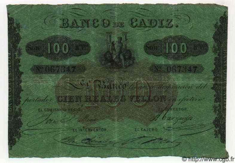 100 Reales De Vellon SPAIN Cadiz 1863 PS.291 F - VF