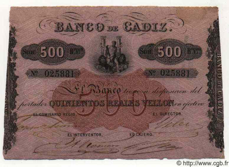 500 Reales De Vellon ESPAGNE Cadiz 1863 PS.293 SUP+