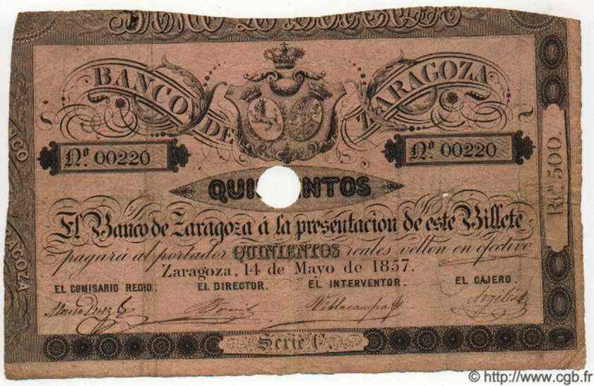500 Reales De Vellon Annulé SPAIN Zaragoza 1857 PS.453b F