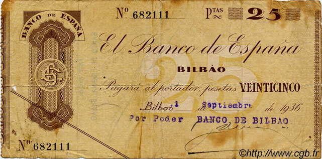 25 Pesetas ESPAGNE Bilbao 1936 PS.552(a) TB