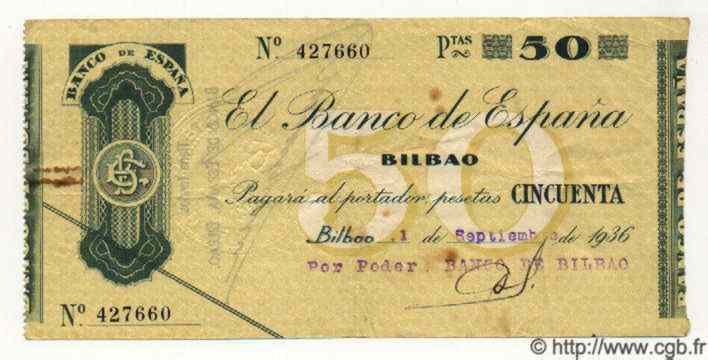 50 Pesetas ESPAGNE Bilbao 1936 PS.553a TTB