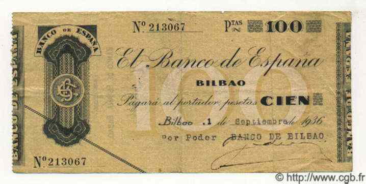 100 Pesetas ESPAGNE Bilbao 1936 PS.554a TTB