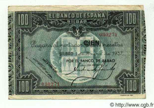 100 Pesetas  ESPAGNE Bilbao 1937 PS.565(a) TTB