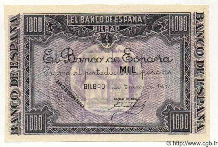 1000 Pesetas ESPAGNE Bilbao 1937 PS.567a SPL