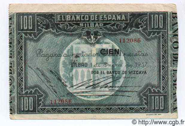 100 Pesetas ESPAGNE Bilbao 1937 PS.565(f) TTB