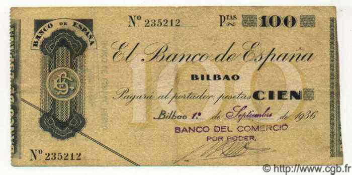 100 Pesetas  ESPAGNE Bilbao 1936 PS.554b TTB