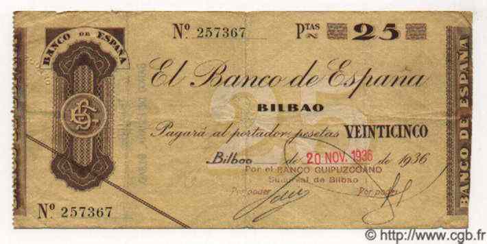 25 Pesetas ESPAGNE Bilbao 1936 PS.552c TTB