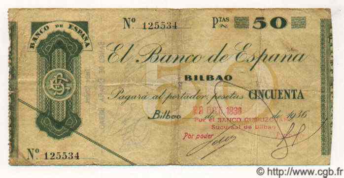 50 Pesetas ESPAGNE Bilbao 1936 PS.553c TB à TTB