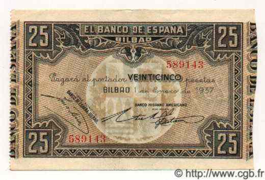 25 Pesetas ESPAGNE Bilbao 1937 PS.563d SUP+