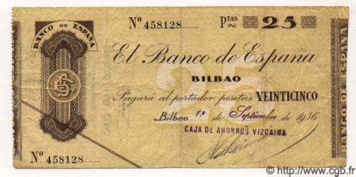 25 Pesetas ESPAGNE Bilbao 1936 PS.552h pr.TTB