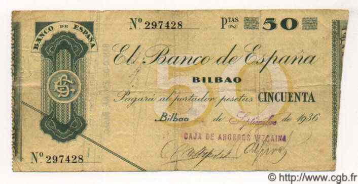 50 Pesetas ESPAGNE Bilbao 1937 PS.553h pr.TTB