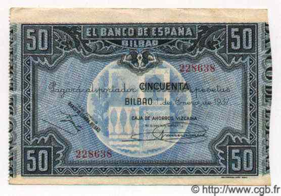 50 Pesetas ESPAGNE Bilbao 1937 PS.564g SUP+