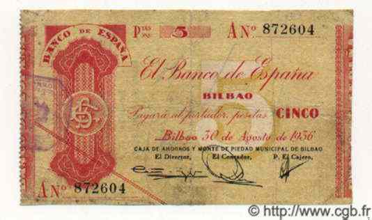 5 Pesetas ESPAGNE Bilbao 1936 PS.551b(i) TB+