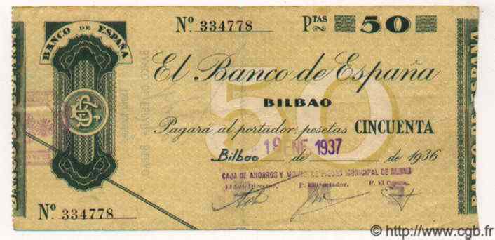 50 Pesetas ESPAGNE Bilbao 1937 PS.553i TTB+