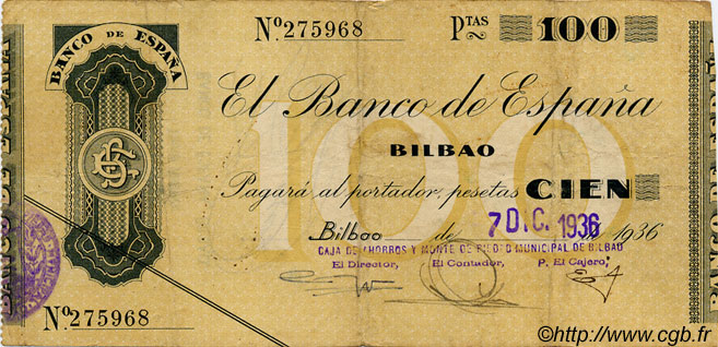100 Pesetas ESPAGNE Bilbao 1936 PS.554i pr.TTB
