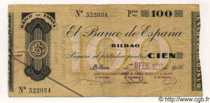 100 Pesetas ESPAGNE Bilbao 1937 PS.554i pr.TTB