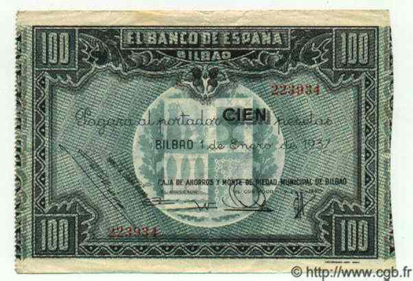 100 Pesetas SPAIN Bilbao 1937 PS.565(h) VF+