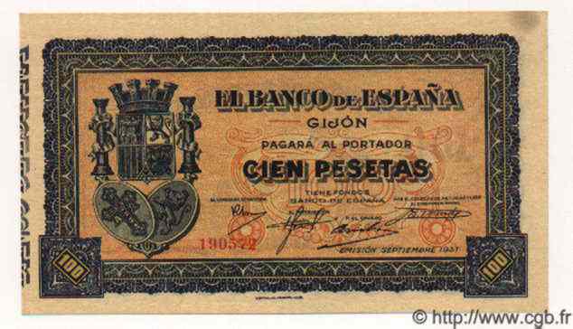 100 Pesetas ESPAGNE Gijon 1937 PS.580 SPL