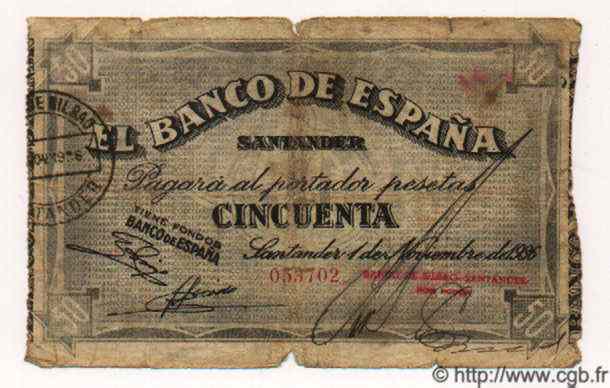 50 Pesetas ESPAGNE Santander 1936 PS.584(a) B